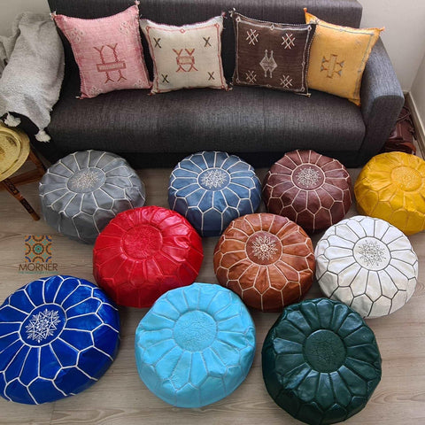 Round Moroccan Ottoman Leather Pouf Themorner