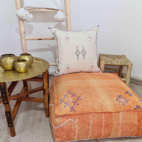 Orange Cactus sabra  Moroccan Square  Pouf , Cactus Silk Floor Pillow / Footstool unfilled TheMorner